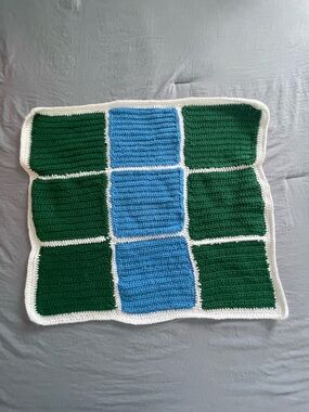 Handmade Crochet Blanket Square - Green & Blue with White Trim